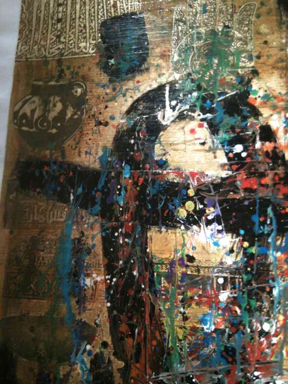 Karim Saifou is an Iraqi artist based in Paris. This detail shows the layers in his work. Saifou says the shapes in the golden layer represent the art of Iraq's ancient past. The top, chaotic layer represents the destruction of that heritage by recent conflict. 