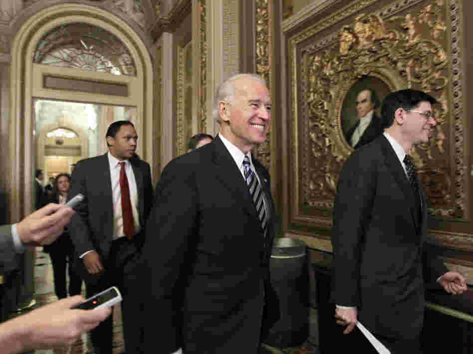 Vice President Biden arrives in the Capitol with Office of Management and Budget Director Jack Lew to meet with Senate leaders on the budget, March 30, 2011.
