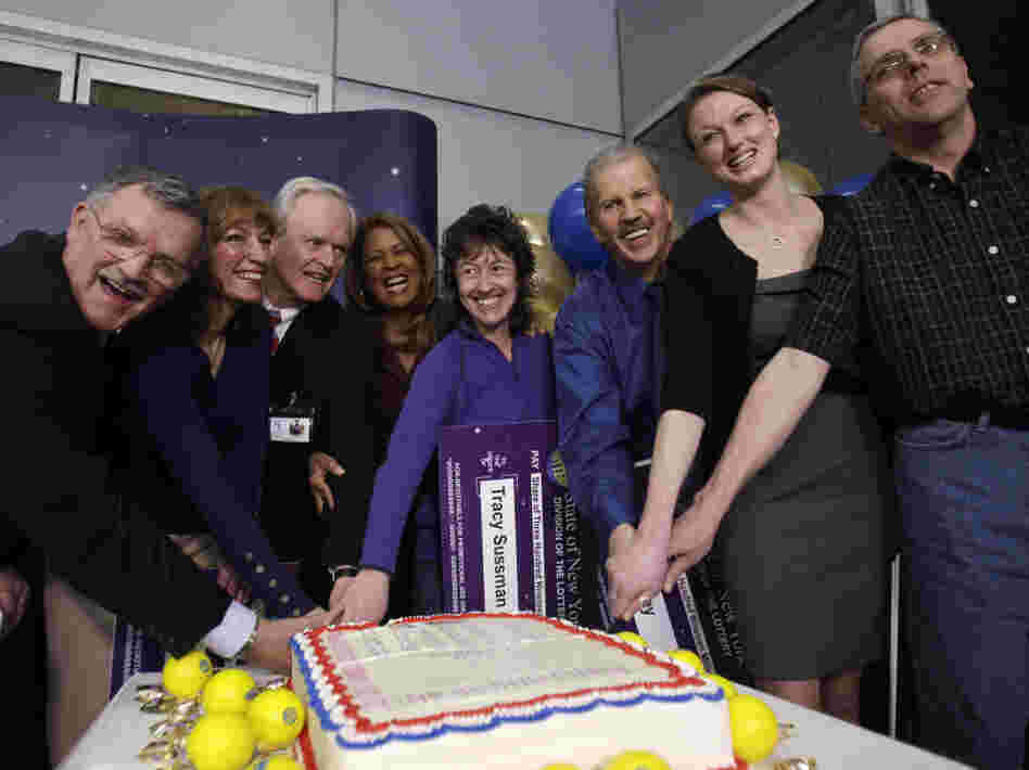 The winners (left to right): Leon Peck, Kristin Baldwin, Mike Barth, New York Lottery's Yolanda Vega, Tracy Sussman, John Kutey, Gabrielle Mahar ad John Hilton.