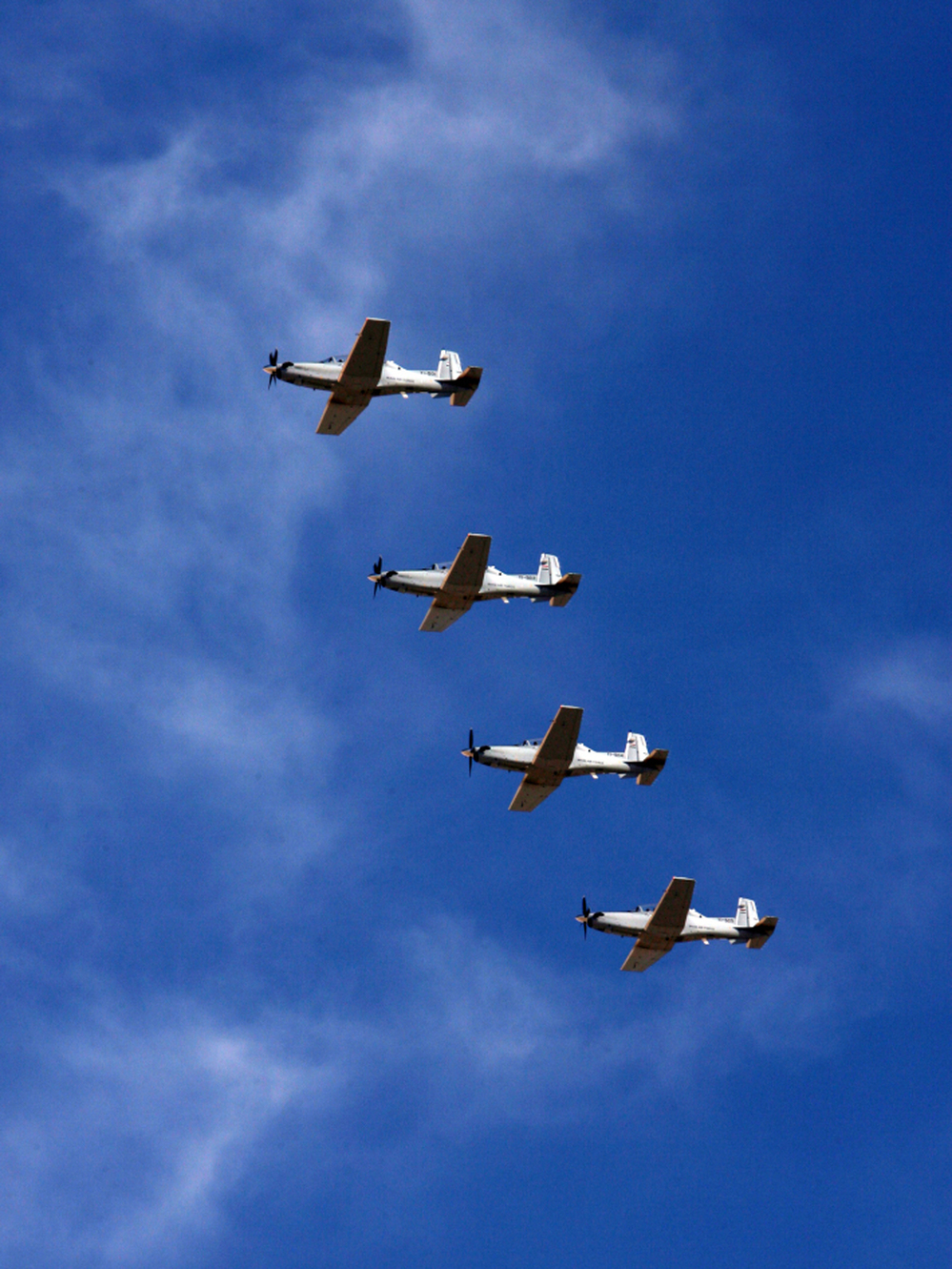 T-6 planes for pilot training fly over the Iraqi Air Force academy during its reopening ceremony north of Tikrit in December 2009.