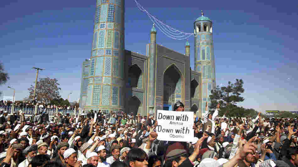 Afghans chant anti-U.S. slogans during a demonstration   in Mazar-i-Sharif, north of Kabul, on Friday.