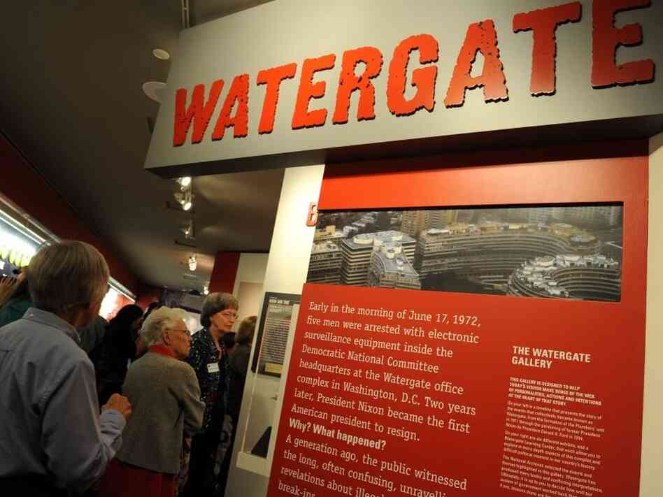A visitor attends a new permanent exhibition on Watergate at the Richard Nixon Presidential Library in Yorba Linda, Calf., on Thursday.