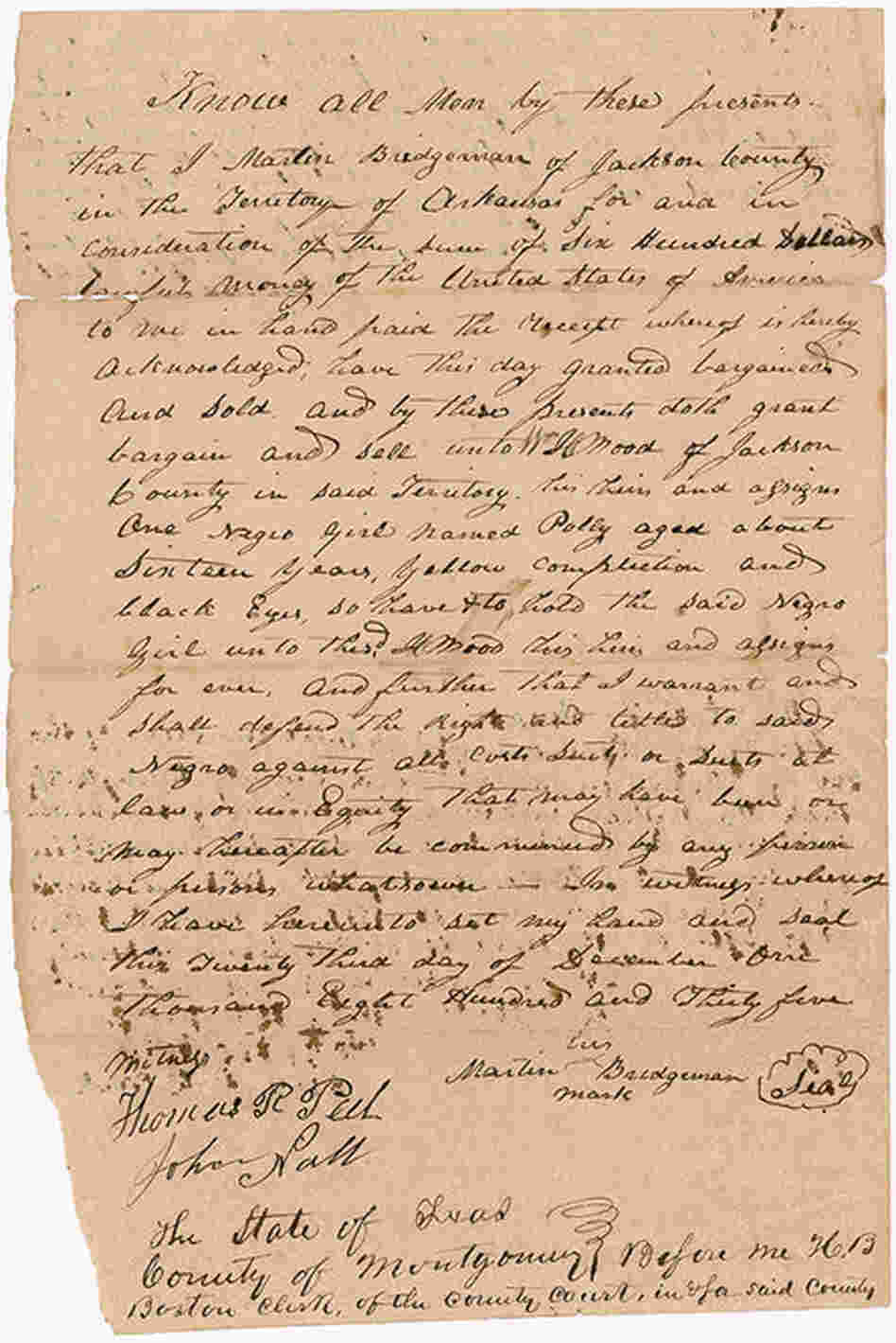 A Bill Of Sale For A Slave Named PollyThis is the original receipt for a 16-year-old Negro girl named Polly, who was sold for $600 as a slave. "What really hits me about this document is it starkly reminds us that these people were considered property," Bunch says. "Suddenly you realize that this paper really is a way into the story of this woman's life."