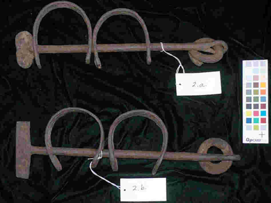 Leg ShacklesThese slave shackles were likely crafted in Africa rather than Europe because they are relatively cumbersome to close and open. Europeans would have instead closed shackles with a padlock. The size of the shackle loops indicates they were used on legs rather than arms.