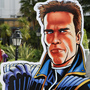 Austrian-American, actor and former California Governor Arnold Schwarzenegger, next to a promotion for his new project, The Governator.