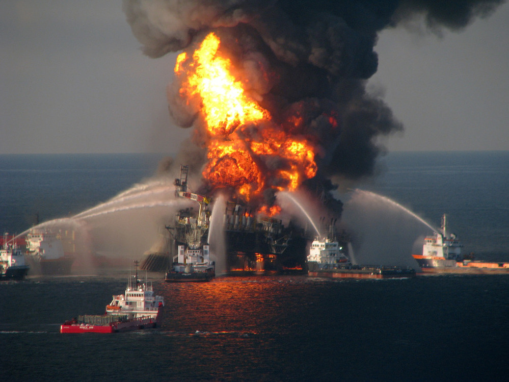 April 21, 2010: Fire boats battle the blaze on the Deepwater Horizon rig.