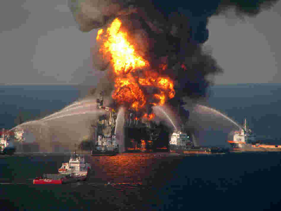 April 21, 2010: Fire boats battle the blaze on the Deepwater Horizon rig.