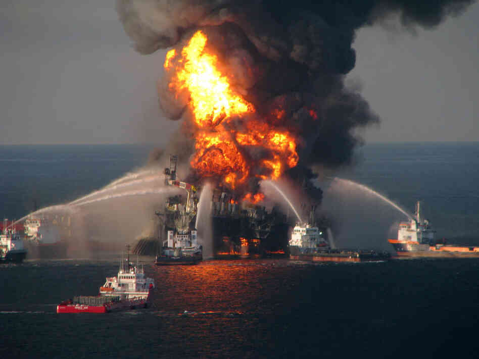April 21, 2010: Fire boats battle the blaze on the Deepwater Horizon rig.