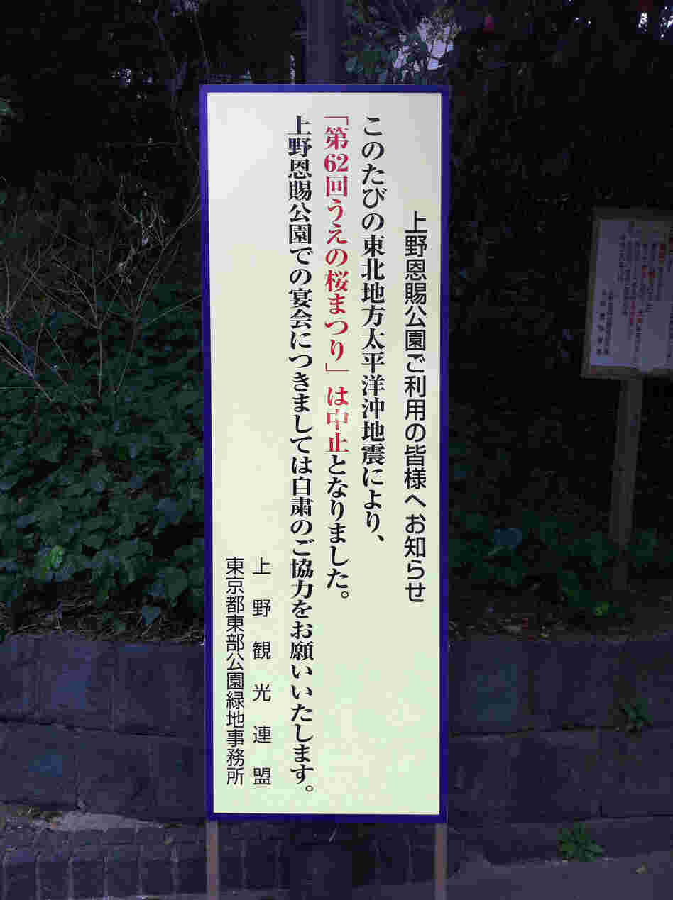 Signs in Tokyo's parks advise visitors not to picnic under the cherry blossoms, as is the national custom at this time of year, out of respect for victims of the earthquake and tsunami.