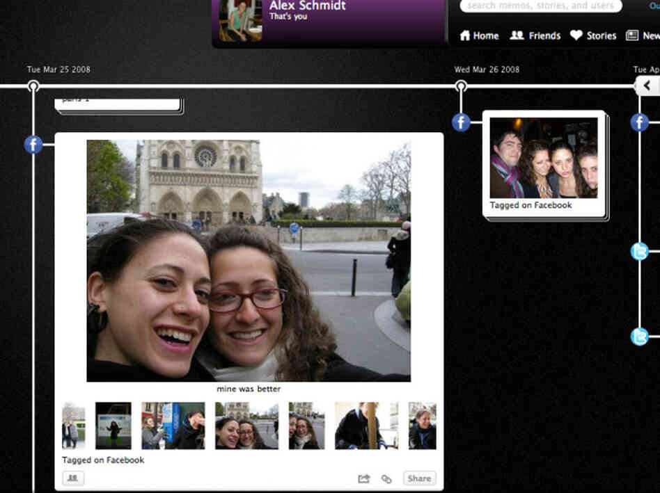 A screenshot of Alex Schmidt's Memolane album. The reporter, left, and her sister Anita, created an album of images and social media postings from a trip to Paris three years ago.