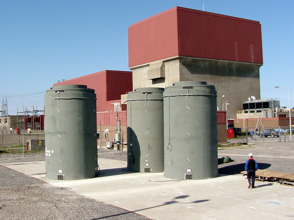 Dozens of spent fuel rod assemblies can be stored in dry casks, like the ones here at the James A. Fitzpatrick nuclear power plant in Scriba, N.Y.