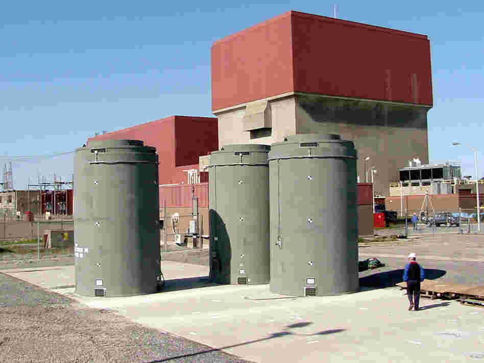 Dozens of spent fuel rod assemblies can be stored in dry casks, like the ones here at the James A. Fitzpatrick nuclear power plant in Scriba, N.Y.