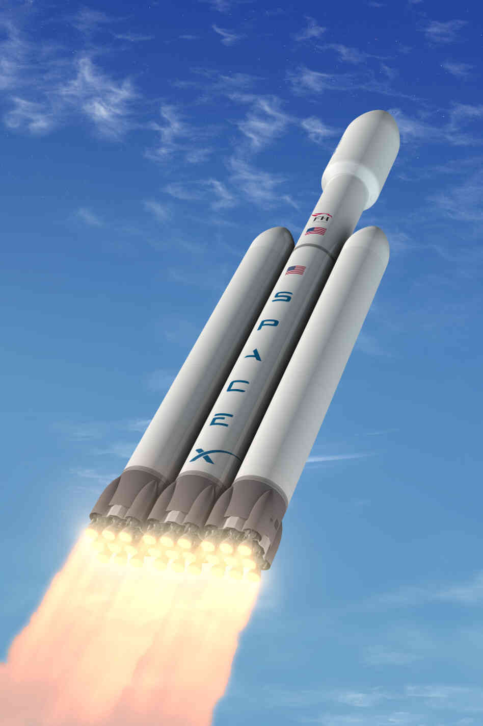 An artist's depiction of the Falcon Heavy rocket. SpaceX, the private company behind the rocket, says it will be able to carry about 117,000 pounds into orbit — about twice as much as a space shuttle. An artist's depiction of the Falcon Heavy rocket. SpaceX, the private company behind the rocket, says it will be able to carry about 117,000 pounds into orbit — about twice as much as a space shuttle.