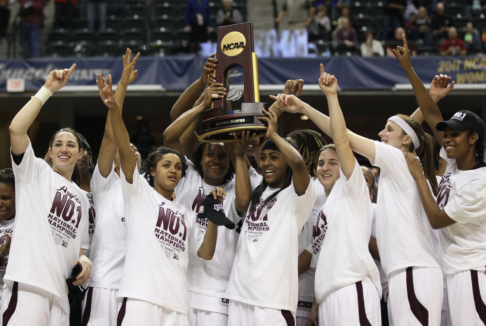 The Texas A&M Aggies celebrate winning the 2011 NCAA Women's Final Four on April 5, 2011.