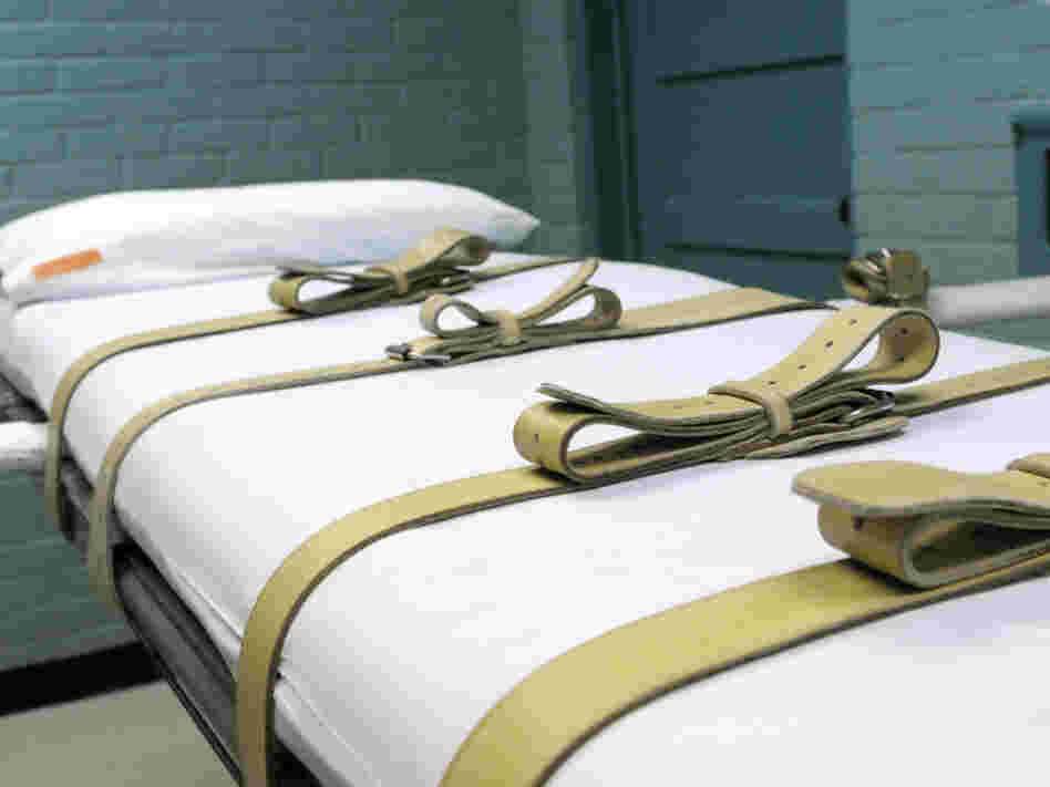 The gurney used to restrain condemned prisoners during the lethal injection process is shown in the Texas death house in Huntsville, Texas.