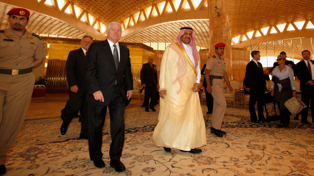 Defense Secretary Robert Gates and Saudi Assistant Minister of Defense and Aviation Prince Khalid bin Sultan in Riyadh, Saudi Arabia on April 6, 2011.