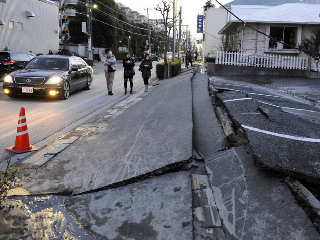 Liquefaction in Urayasu city, outside Tokyo, created an uneven buckling and settling of roads and the surface.