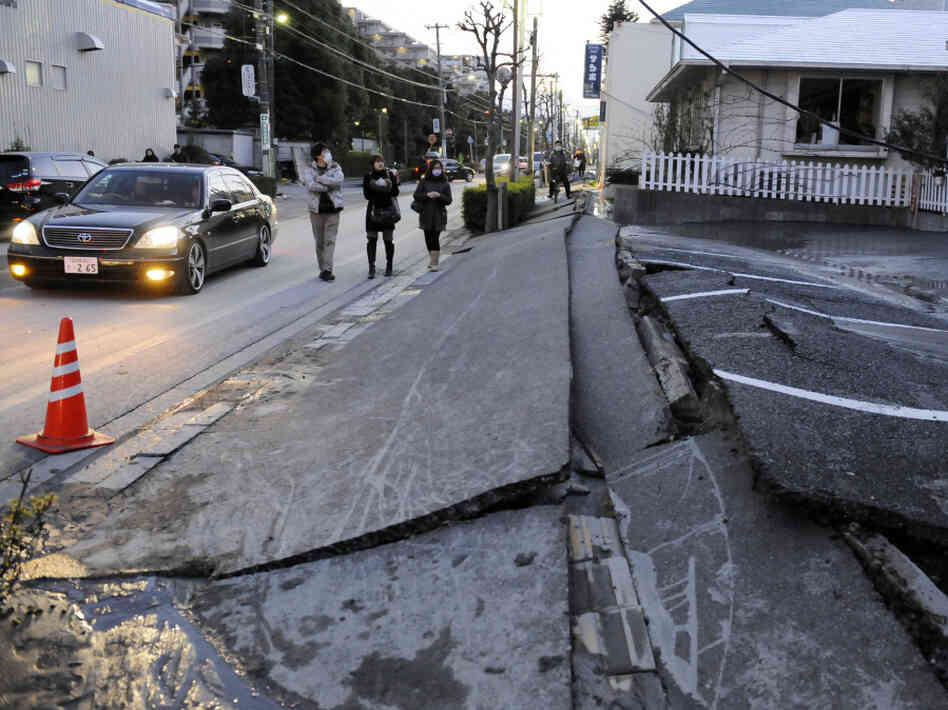 Liquefaction in Urayasu city, outside Tokyo, created an uneven buckling and settling of roads and the surface.