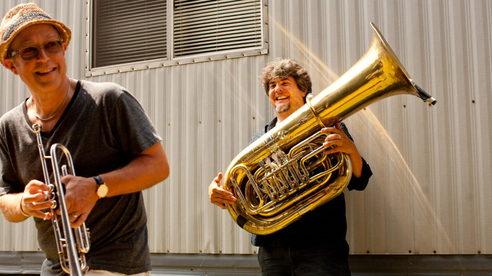 Dave Douglas (left) and Marcus Rojas warm up backstage before performing at the Newport Jazz Festival. Coincidentally, this is the cover of Brass Ecstacy's new album from this recording, United Front: Brass Ecstasy at Newport.