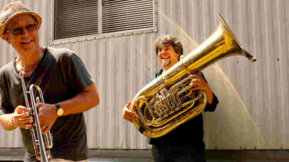 Dave Douglas (left) and Marcus Rojas warm up backstage before performing at the Newport Jazz Festival. Coincidentally, this is the cover of Brass Ecstacy's new album from this recording, United Front: Brass Ecstasy at Newport.