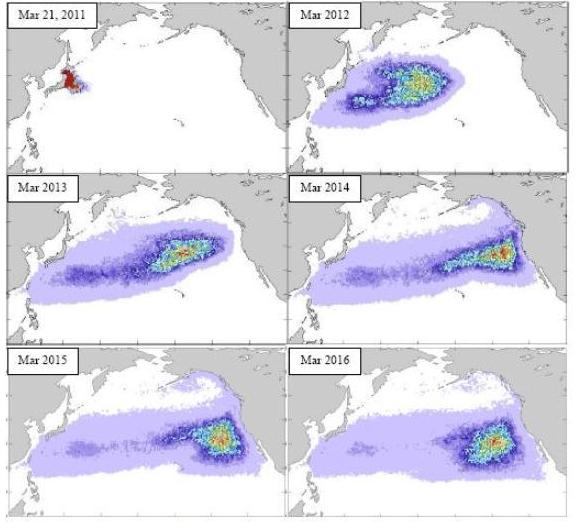 The projected path of the debris field, from March of this year (in upper left), through March 2016 (lower right). That's the Pacific Ocean, with Japan to the left and the west coast of the U.S. to the right. Hawaii is the small chain of islands in the center.