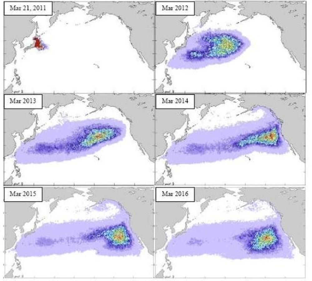 The projected path of the debris field, from March of this year (in upper left), through March 2016 (lower right). That's the Pacific Ocean, with Japan to the left and the west coast of the U.S. to the right. Hawaii is the small chain of islands in the center.