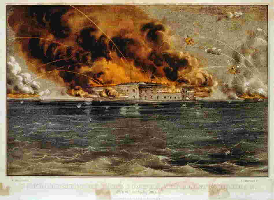 Lithograph of the 1861 bombardment of Fort Sumter in South Carolina's Charleston Harbor.