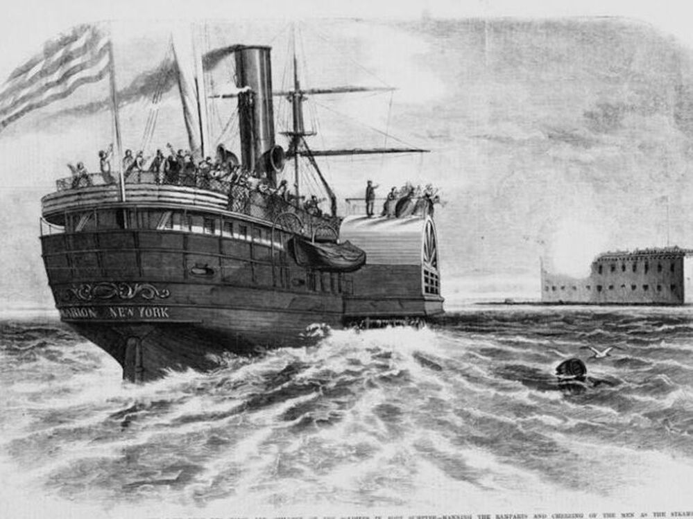 Wood engraving from 1861 of the steamship Marion bearing families of Federal soldiers away from Fort Sumter.