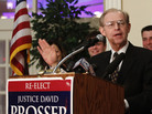 Justice David Prosser, speaks to supporters as he takes on Assistant Attorney General JoAnne Kloppenburg for the Wisconsin Supreme Court seat. Justice David Prosser, speaks to supporters as he takes on Assistant Attorney General JoAnne Kloppenburg for the Wisconsin Supreme Court seat.