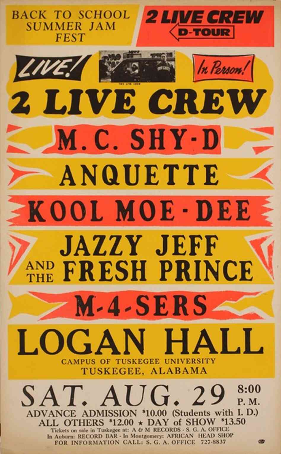 Hip-hop artists latched on to Globe's style. This poster was used to promote the Back to School Summer Jam Fest in 1987.