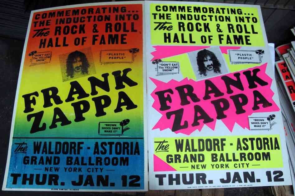 A comparison of a rainbow design print and one made with Day-Glo ink. Day-Glo posters were easier to see at night or from a car. 