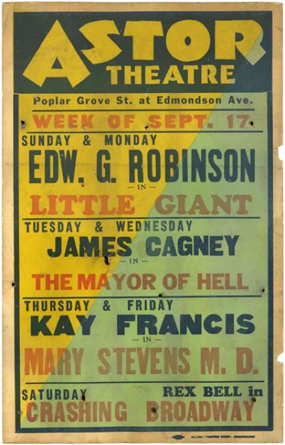 An early movie poster printed by Globe Poster for the Astor Theatre in Baltimore, 1933. 