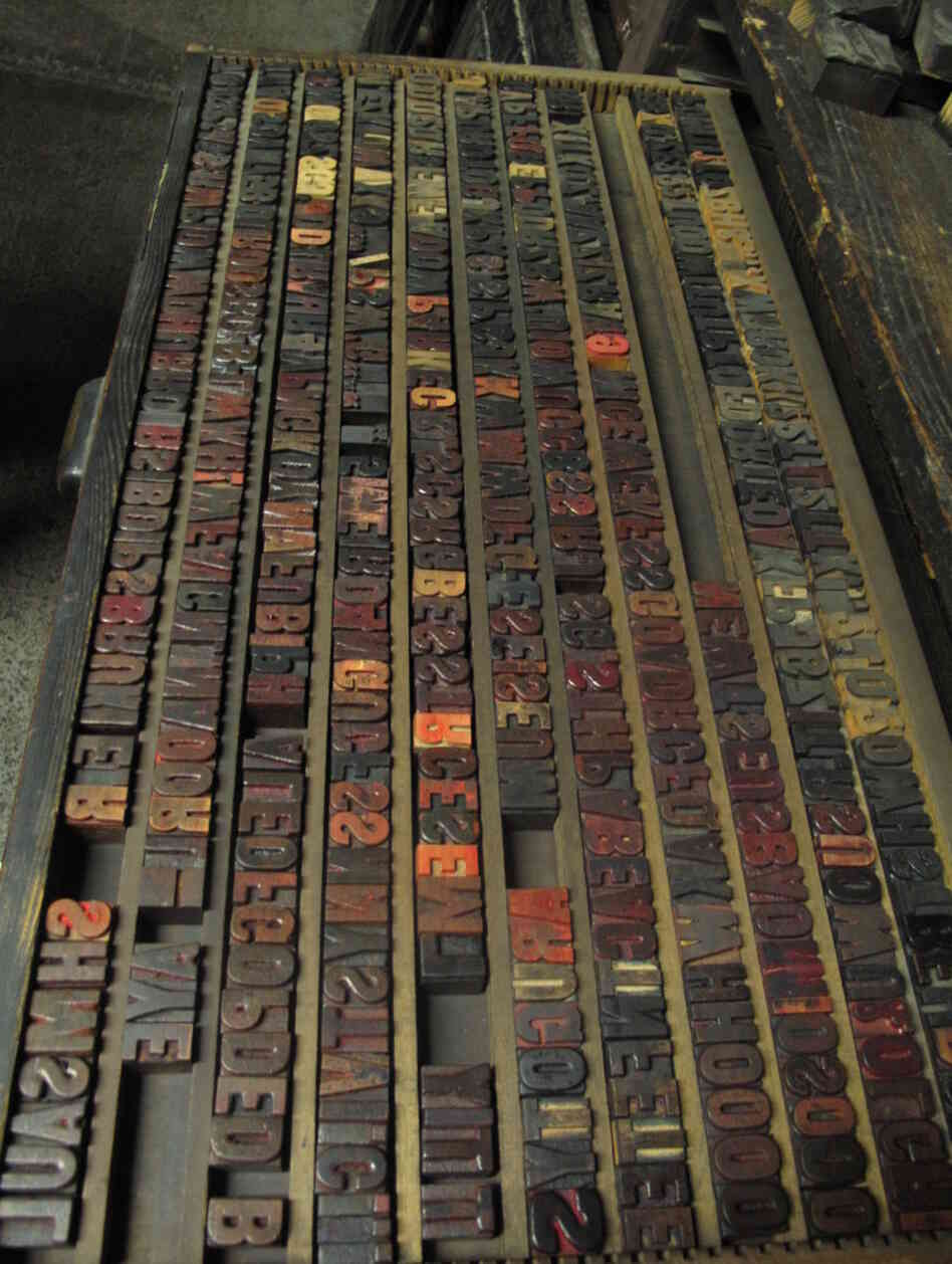 Globe Poster's collection includes countless printing materials, such as this drawer of type blocks. Globe Poster's collection includes countless printing materials, such as this drawer of type blocks.