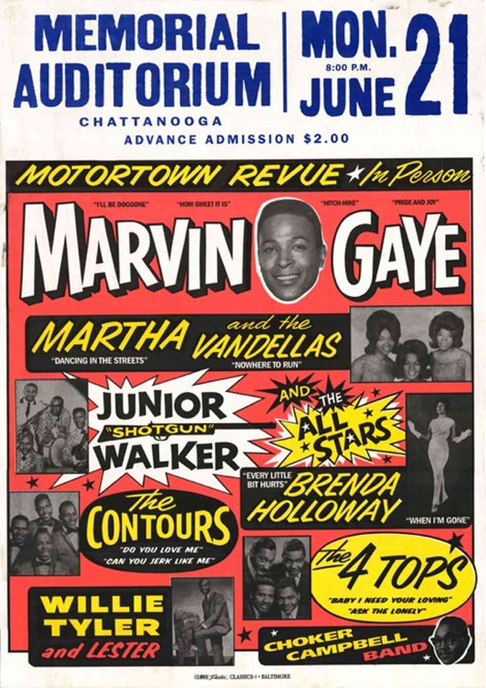 A poster for the Motortown Revue, reprint of the 1965 original. Globe would often print catchphrases like "Live," "In Person" or "Guest-starring" on its large bill posters.