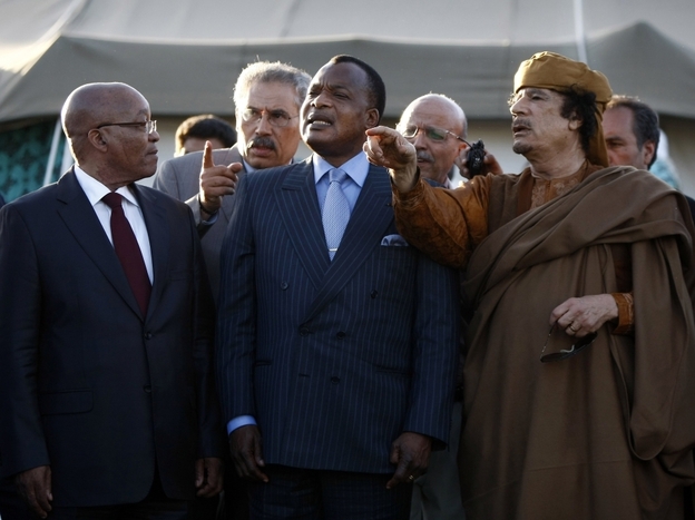 Libyan leader Moammar Ghadafi (right) speaks with presidents Jacob Zuma of South Africa (left) and Denis Sassou-Nguesso (center) of Congo outside a tent erected at his residence. A delegation from the African Union arrived in Tripoli Sunday in search of a cease-fire agreement.