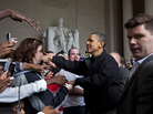 Barack Obama shakes hands with tourists visiting the Lincoln Memorial in Washington, D.C., Saturday during a surprise visit a day after budget negotiations with Congress prevented a government shutdown. Barack Obama shakes hands with tourists visiting the Lincoln Memorial in Washington, D.C., Saturday during a surprise visit a day after budget negotiations with Congress prevented a government shutdown.