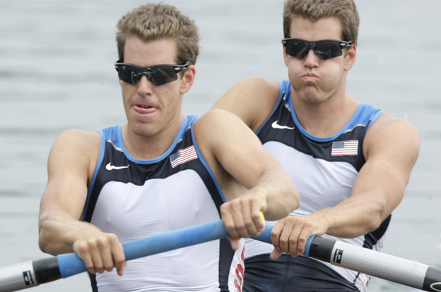 Cameron Winklevoss, left, and twin brother Tyler take the start of the Men's pair repechage  at the Beijing 2008 Olympics.