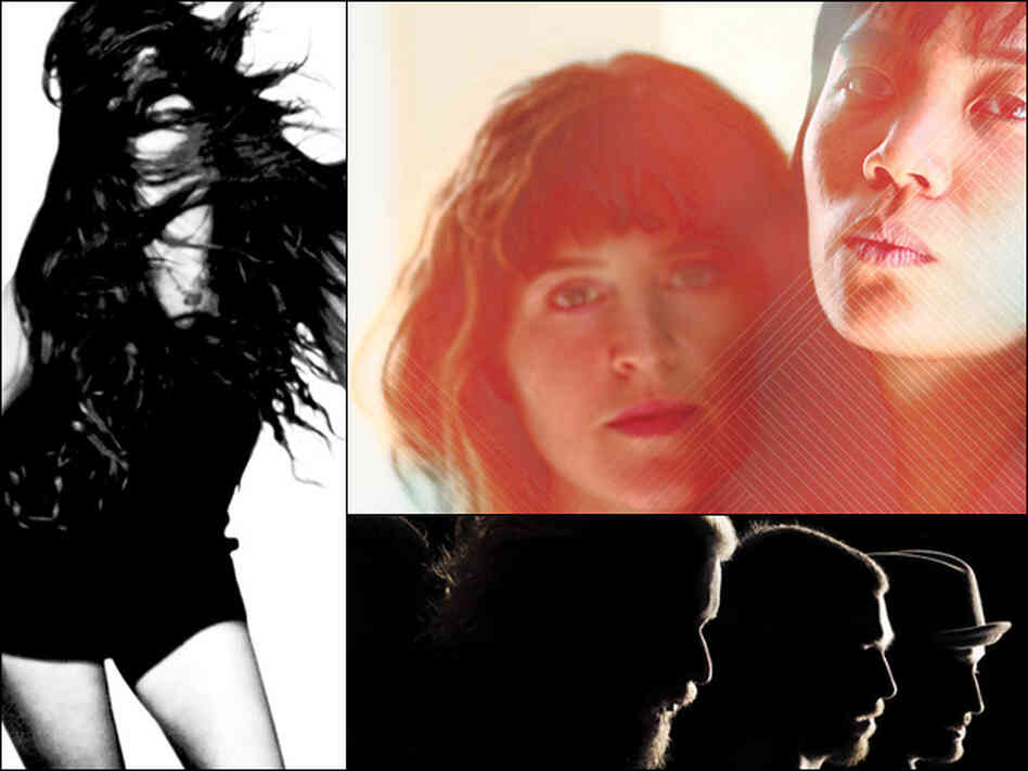 Madeline Follin of Cults (left), Mirah and Thao (upper right), My Morning Jacket (lower right).