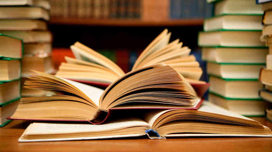 Books on a desk.