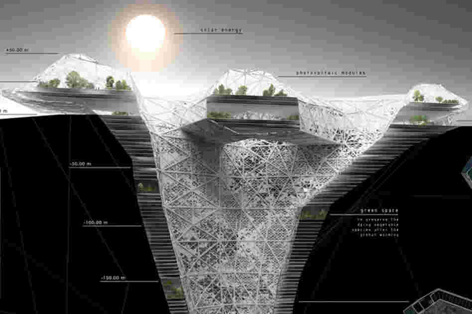 Rhizome Tower explores the creation of an underground city divided into four layers around a central core that is open to light. The first layer, above the surface, contains the recreational and food production facilities, with solar cells and wind turbines to harvest energy. The next layers would be residential and office space, and the bottom layer would be dedicated to harvesting geot...