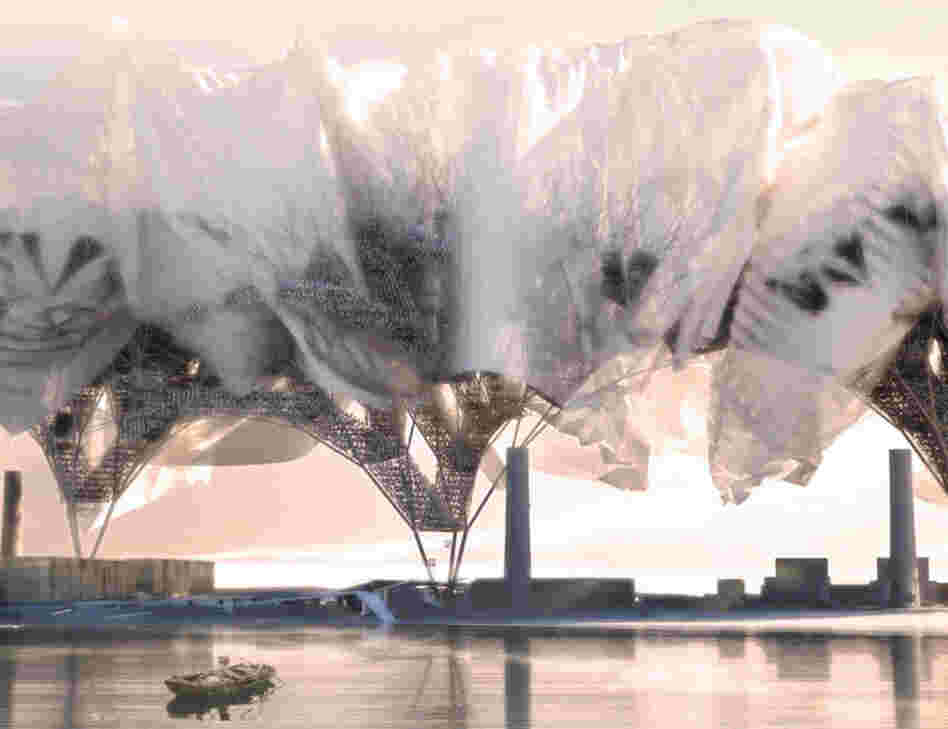 The White Cloud Project imagines a network of skyscrapers designed to purify the air. The buildings are narrow at the bottom and create a cluster of structural branches, with residences and offices on top — almost like a group of trees. 