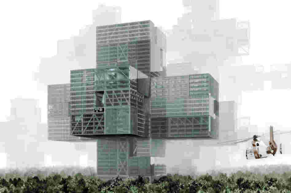 NeoTax isn't so much a design for one building as it is a proposal for an entire system of infrastructure, where a city's layout is folded up so that streets run both horizontally and vertically, making it easier to get to places. Each of these cubic "modules" would be like a different neighborhood, and new modules can be plugged in to expand. (Marc Anton Dahmen, Rene Lierschaft, Anna-Ma...