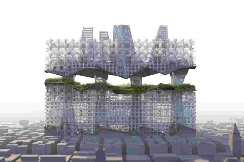 Borough No. 6 would occupy the space between 22nd and 14th streets and 6th and 7th avenues in New York City. Large office towers weave through a grid of residences and then unfold into a large public park cut high above the city. An expanded New York subway system connects the building with trains that move in all directions. 