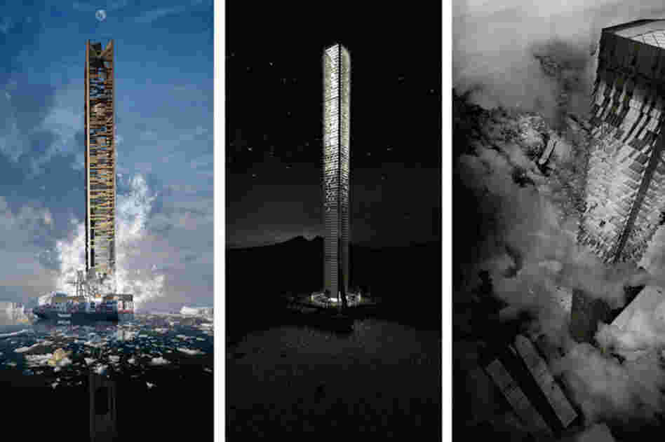 North Pole Skyscraper imagines a world where the wilderness of the arctic is bisected by the largest shipping canal ever built, and the North Pole becomes a trading post for the world's freight industry and a site for oil and gas exploration. The building is an open structure that holds containers in multiple levels or platforms that serve as transaction posts between countries. At night...
