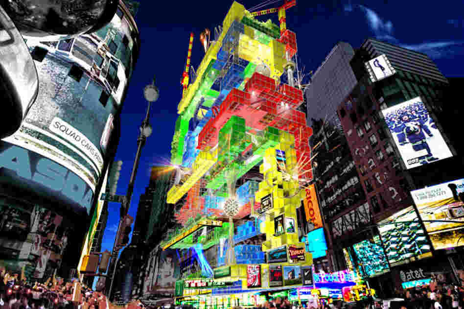 Rollin' and Tumble seeks to transform One Times Square into a vertical amusement park, using a roller coaster as means of transportation between the different attractions. The park is divided into zones of different colors, with each zone composed of a series of modules attached to a steel exoskeleton. 