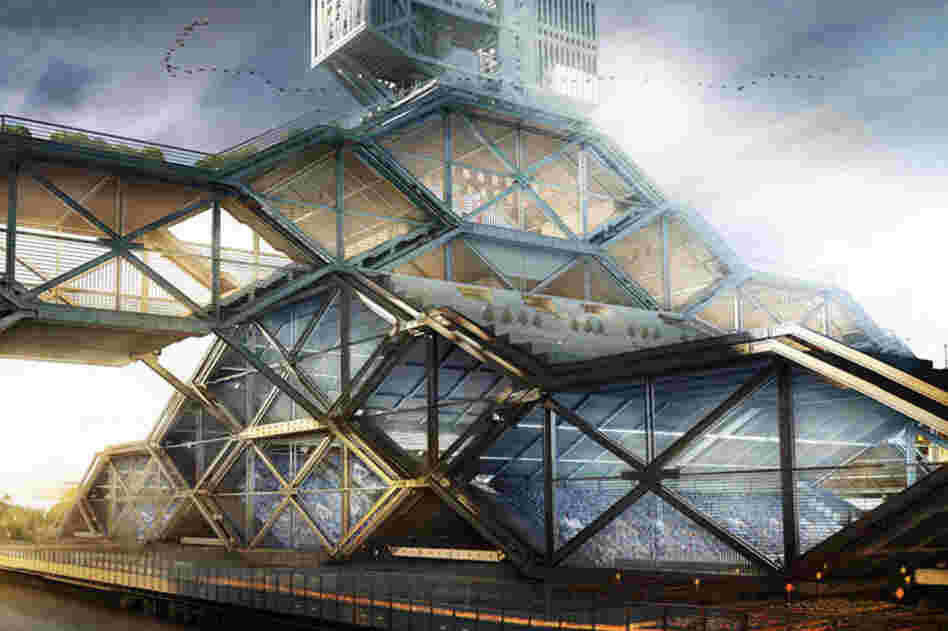 Sports Tower is an idea for a multisport arena built from structural modules of various sizes that can be combined in different ways. Large blocks are used for soccer stadiums, while medium sizes are swimming pools and tennis, basketball and volleyball courts. Fans will be allowed to move freely between stadiums and matches. 