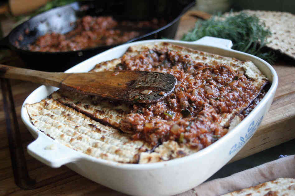 Minas, or matzo pies, consist of alternating layers of moistened sheets of matzo and fillings, such as this Turkish-style mina with ground lamb and beef (see Mina De Carne recipe below).