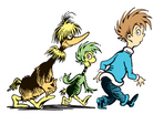 In this illustration from a story called "Steak for Supper," a crew of creatures follow a boy home in hopes of getting a steak dinner. The story is one of seven rediscovered Dr. Seuss shorts from The Bippolo Seed. In this illustration from a story called "Steak for Supper," a crew of creatures follow a boy home in hopes of getting a steak dinner. The story is one of seven rediscovered Dr. Seuss shorts from The Bippolo Seed.