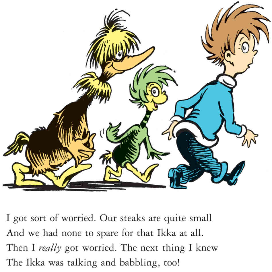 In this illustration from a story called "Steak for Supper," a crew of creatures follow a boy home in hopes of getting a steak dinner. The story is one of seven rediscovered Dr. Seuss shorts from The Bippolo Seed.
