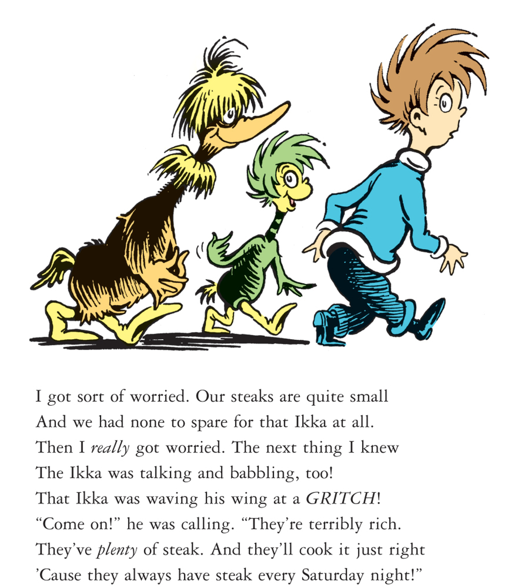 In this illustration from a story called "Steak for Supper," a crew of creatures follow a boy home in hopes of getting a steak dinner. The story is one of seven rediscovered Dr. Seuss shorts from The Bippolo Seed.
